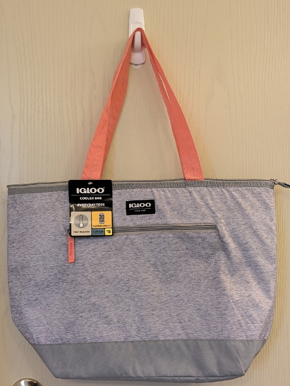 Igloo 30 Can Cooler Tote Bag Light Gray Coral Insulated Picnic Beach Bag NWT